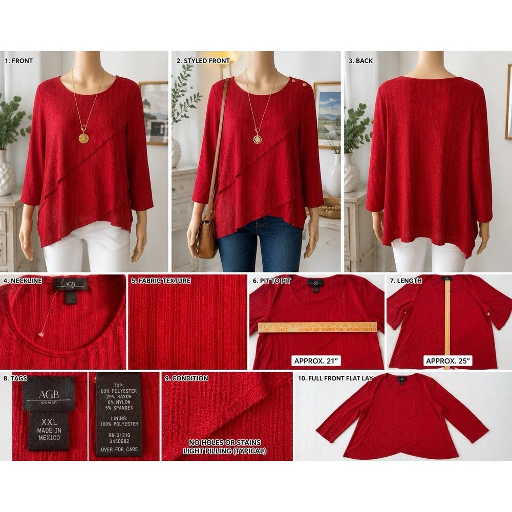 AGB Woman's Size 2X Red Layered Sweater Knit Top 3/4 Sleeve Career Casual Plus